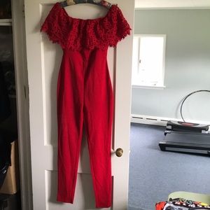 Small red jumpsuit, off the shoulder
